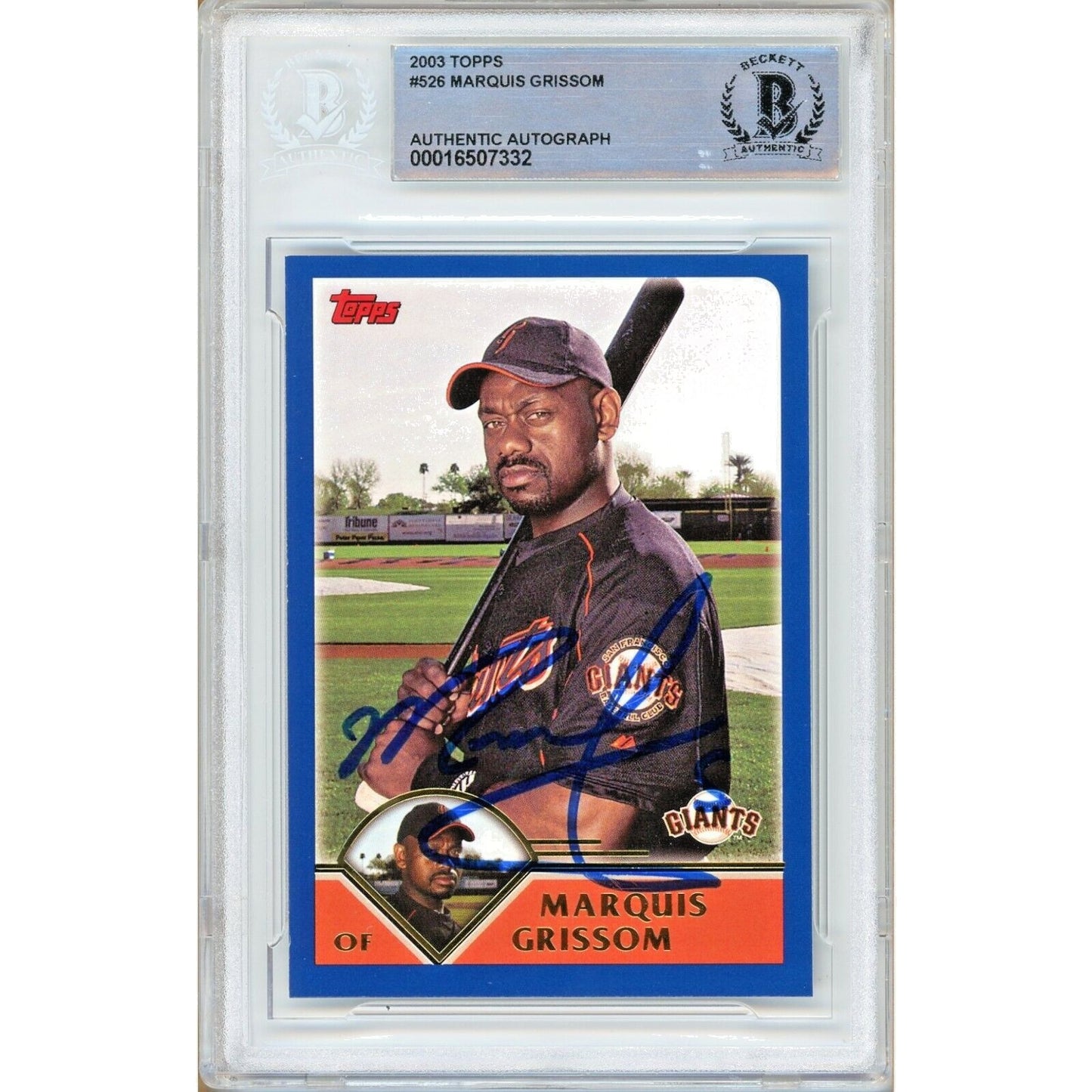 Baseballs- Autographed- Marquis Grissom San Francisco Giants Signed 2003 Topps Baseball Card Beckett Authentic Auto Slab Front