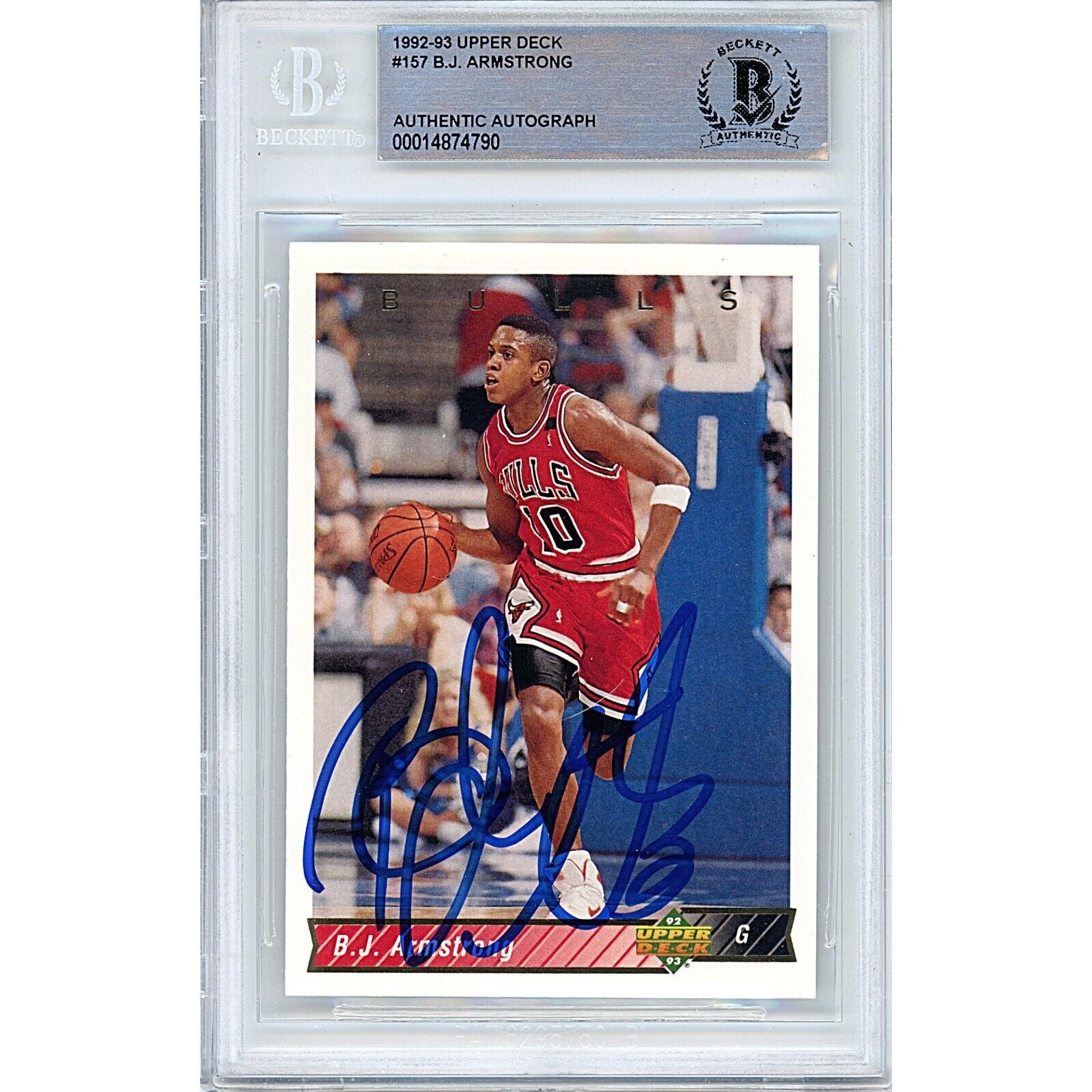 Basketballs- Autographed- BJ Armstrong Chicago Bulls Signed 1992-93 Upper Deck Basketball Card Beckett Authentic Auto Slab Front