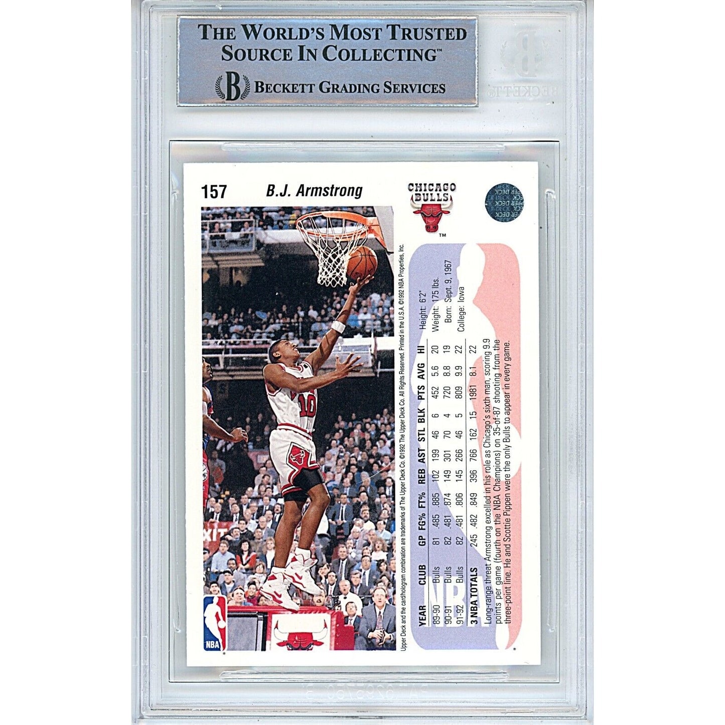 Basketballs- Autographed- BJ Armstrong Chicago Bulls Signed 1992-93 Upper Deck Basketball Card Beckett Authentic Auto Slab Back