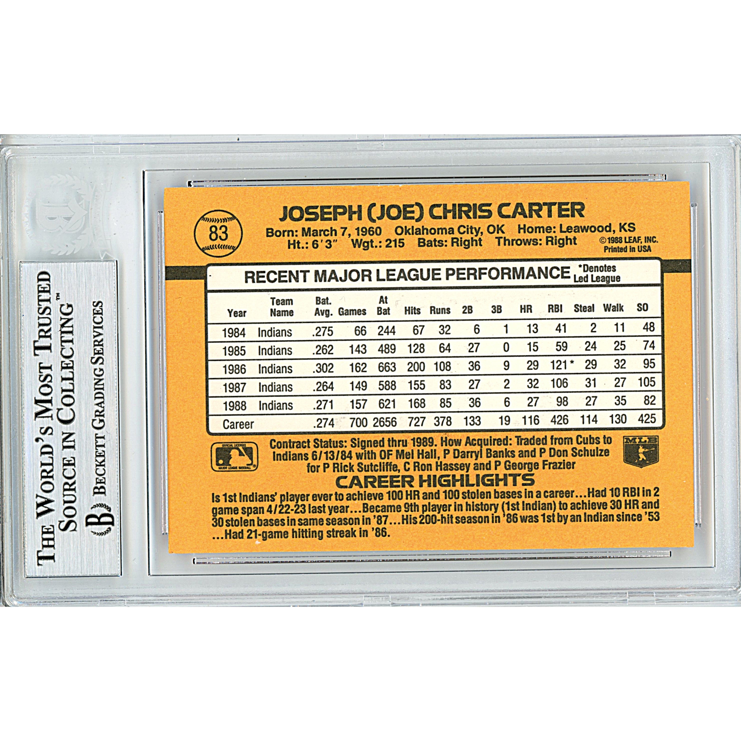 Joe Carter Autographed Trading Card Signed Beckett BAS