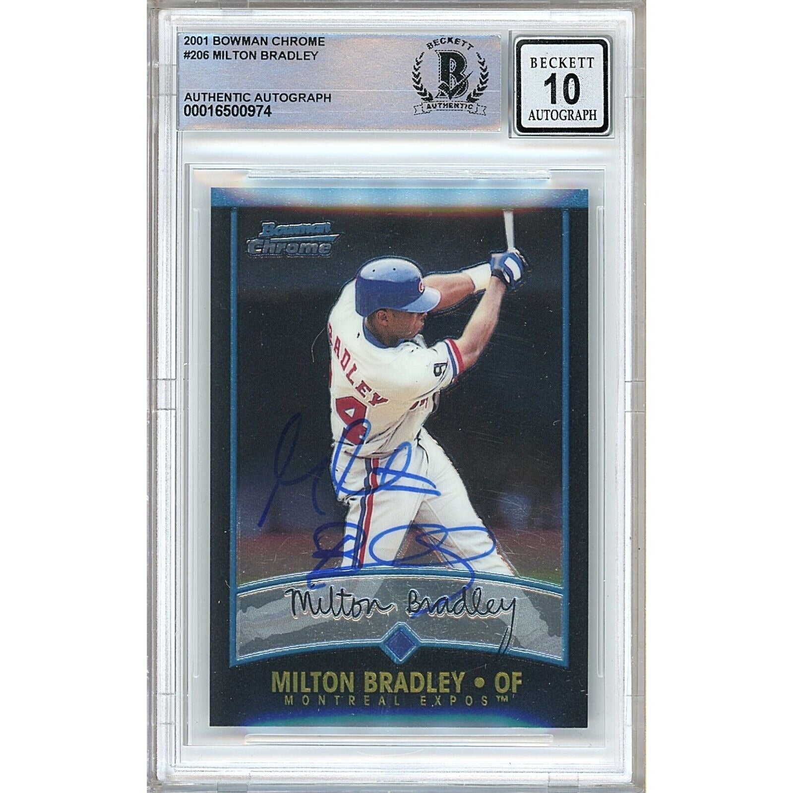 Baseballs- Autographed- Milton Bradley Montreal Expos Signed 2001 Bowman Chrome Baseball Card Beckett Authentic BGS Auto-10 Graded Slab Front