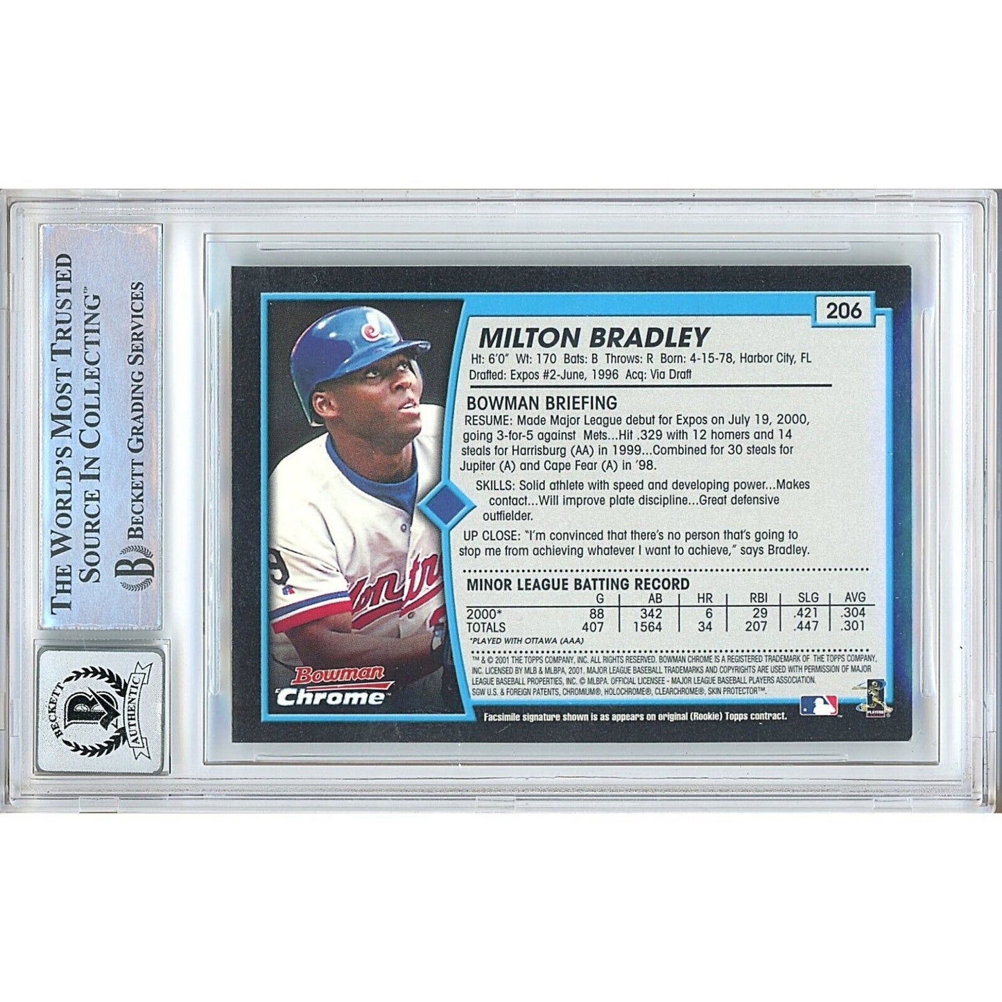 Baseballs- Autographed- Milton Bradley Montreal Expos Signed 2001 Bowman Chrome Baseball Card Beckett Authentic BGS Auto-10 Graded Slab Back