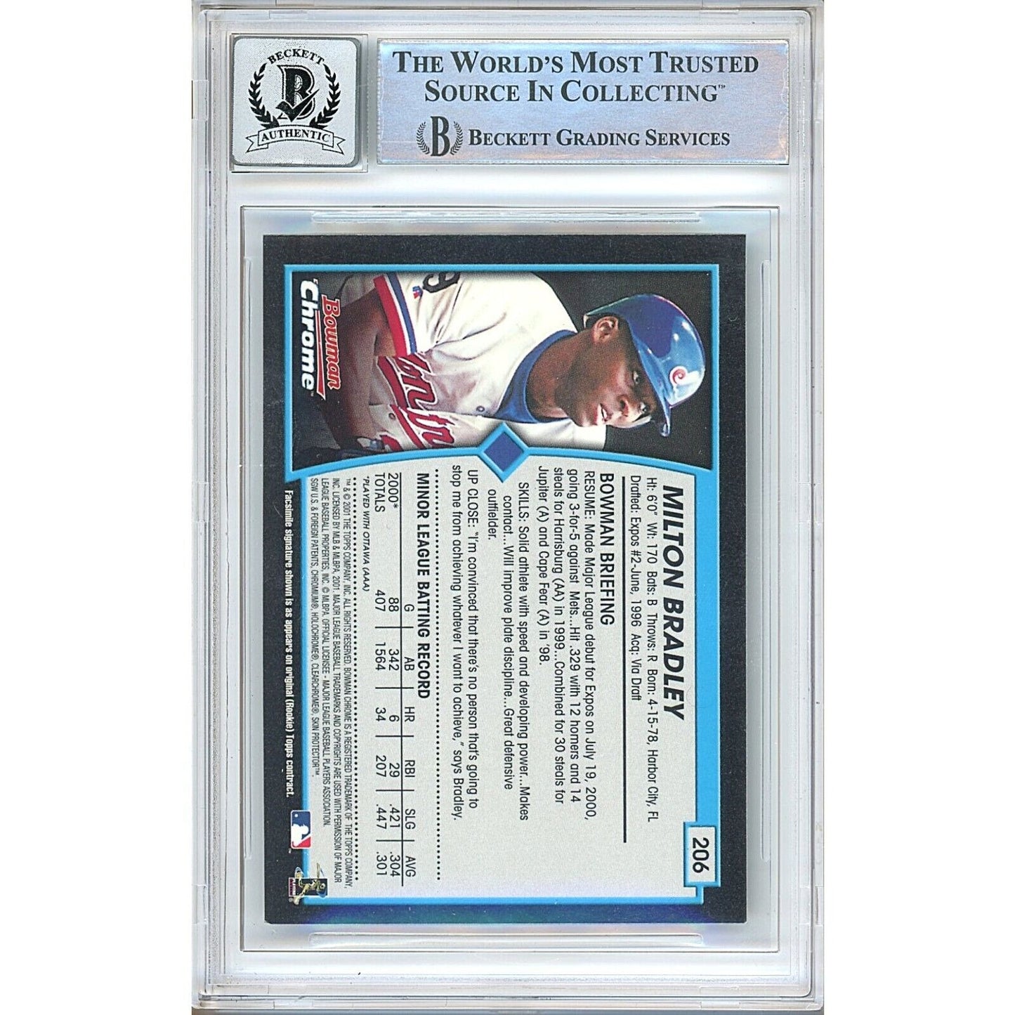 Baseballs- Autographed- Milton Bradley Montreal Expos Signed 2001 Bowman Chrome Baseball Card Beckett Authenticated BGS Auto-10 Graded Slab Back