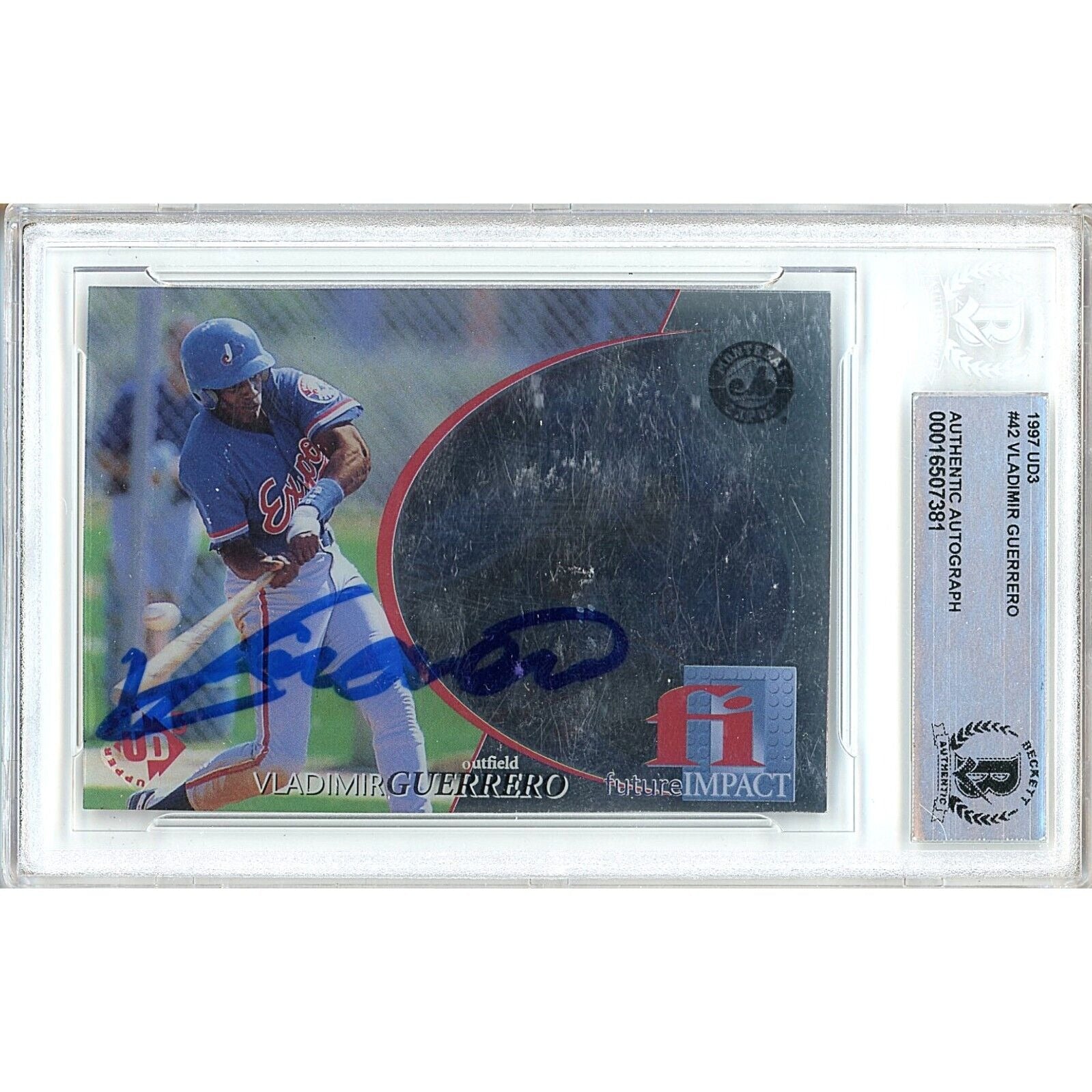 Baseballs- Autographed- Vladimir Guerrero Montreal Expos Signed 1997 Upper Deck UD3 Rookie Trading Card Beckett Authentic Auto Slab Front