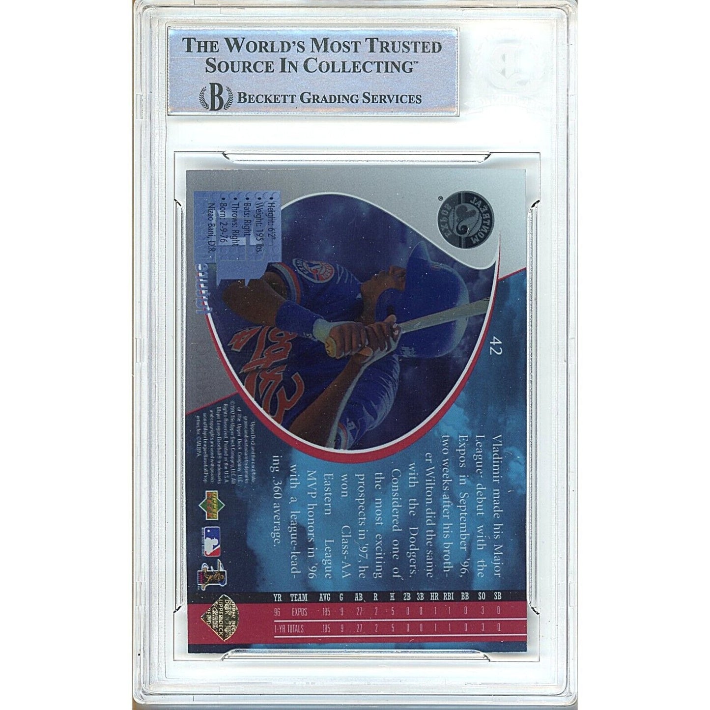 Baseballs- Autographed- Vladimir Guerrero Montreal Expos Signed 1997 Upper Deck UD3 Rookie Trading Card Beckett Authenticated Auto Slab Back