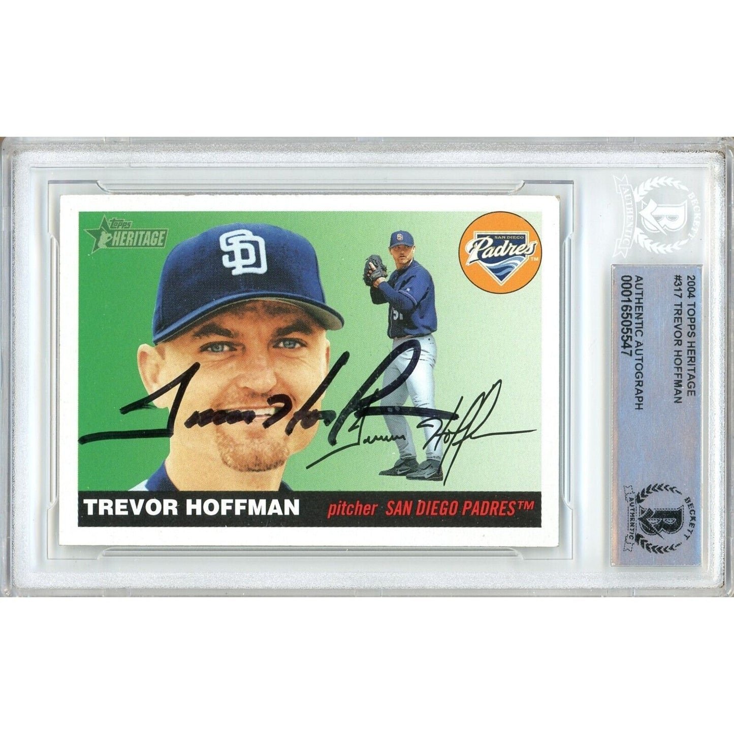 Baseballs- Autographed- Trevor Hoffman San Diego Padres Signed 2004 Topps Heritage Trading Card Beckett Authentic Auto Slab Front