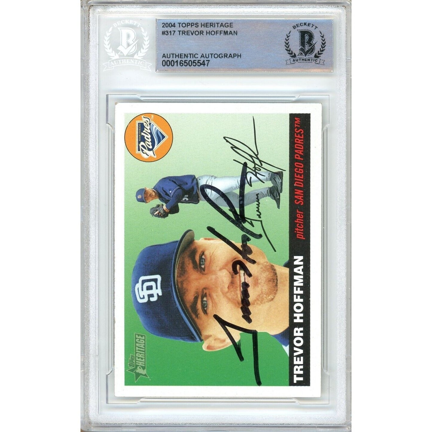 Baseballs- Autographed- Trevor Hoffman SD Padres Signed 2004 Topps Heritage Trading Card Beckett Authentic Auto Slab Front