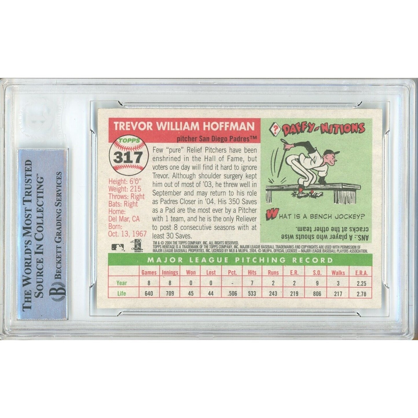 Baseballs- Autographed- Trevor Hoffman San Diego Padres Signed 2004 Topps Heritage Trading Card Beckett Authentic Auto Slab Back