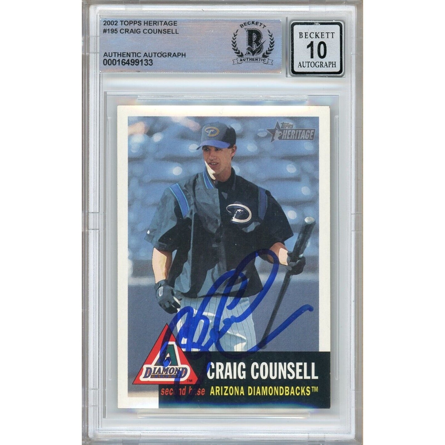 Baseballs- Autographed- Craig Counsell Arizona Diamondbacks Signed 2002 Topps Heritage Baseball Card Beckett Authentic BGS Auto-10 Graded Slab Front