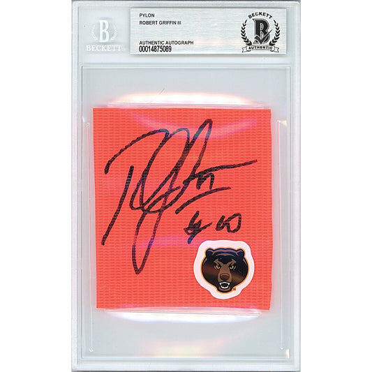 Footballs- Autographed- Robert Griffin III Baylor Bears Signed Football End Zone Pylon Signature Cut RG3 Beckett Authentic Autograph Slab Front