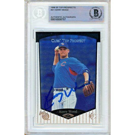 Baseballs- Autographed- Kerry Wood Signed Chicago Cubs 1998 SP Top Prospects Rookie Baseball Card Beckett Authentic Auto Slab Front