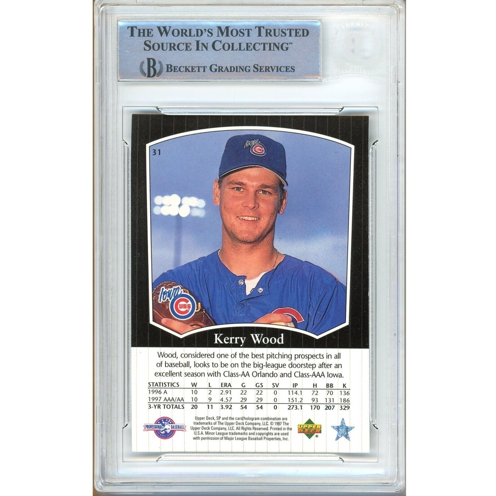 Baseballs- Autographed- Kerry Wood Signed Chicago Cubs 1998 SP Top Prospects Rookie Baseball Card Beckett Authentic Auto Slab Back