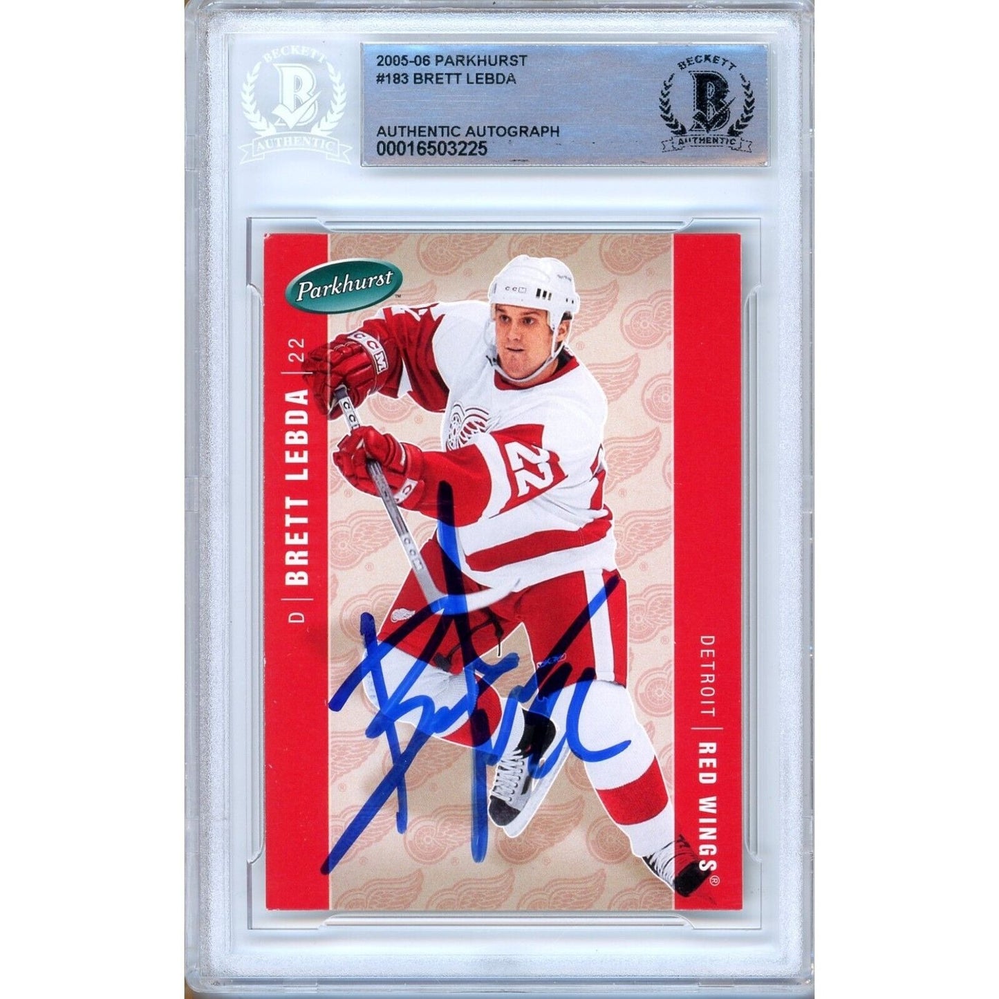 Hockey- Autographed- Brett Lebda Detroit Red Wings Signed 2005-06 Parkhurst Hockey Card Beckett Authentic Auto Slab Front