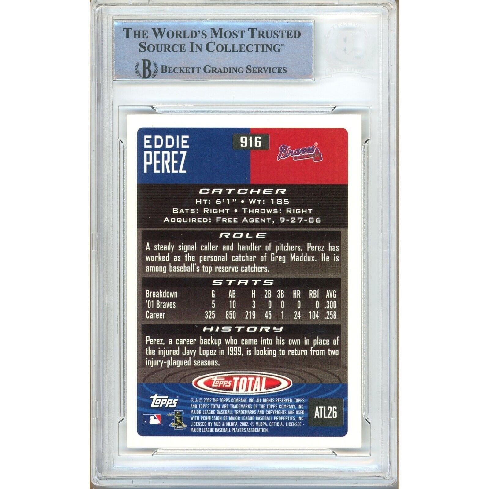 Baseballs- Autographed- Eddie Perez Atlanta Braves Signed 2002 Topps Total Baseball Card Beckett Authentic Auto Slab Back