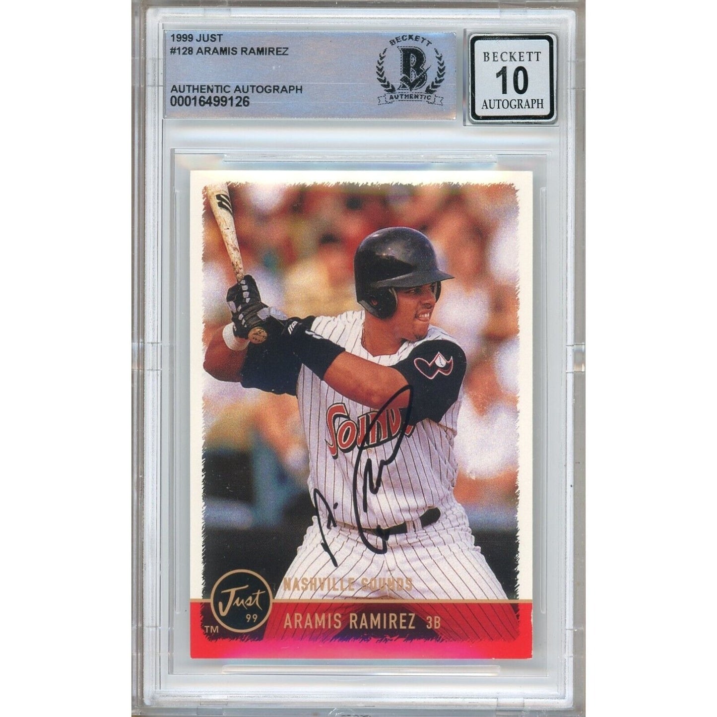 Baseballs- Autographed- Aramis Ramirez Pittsburgh Pirates Signed 1999 Just Memorabilia Baseball Card Beckett Authentic BGS Auto-10 Graded Slab Front