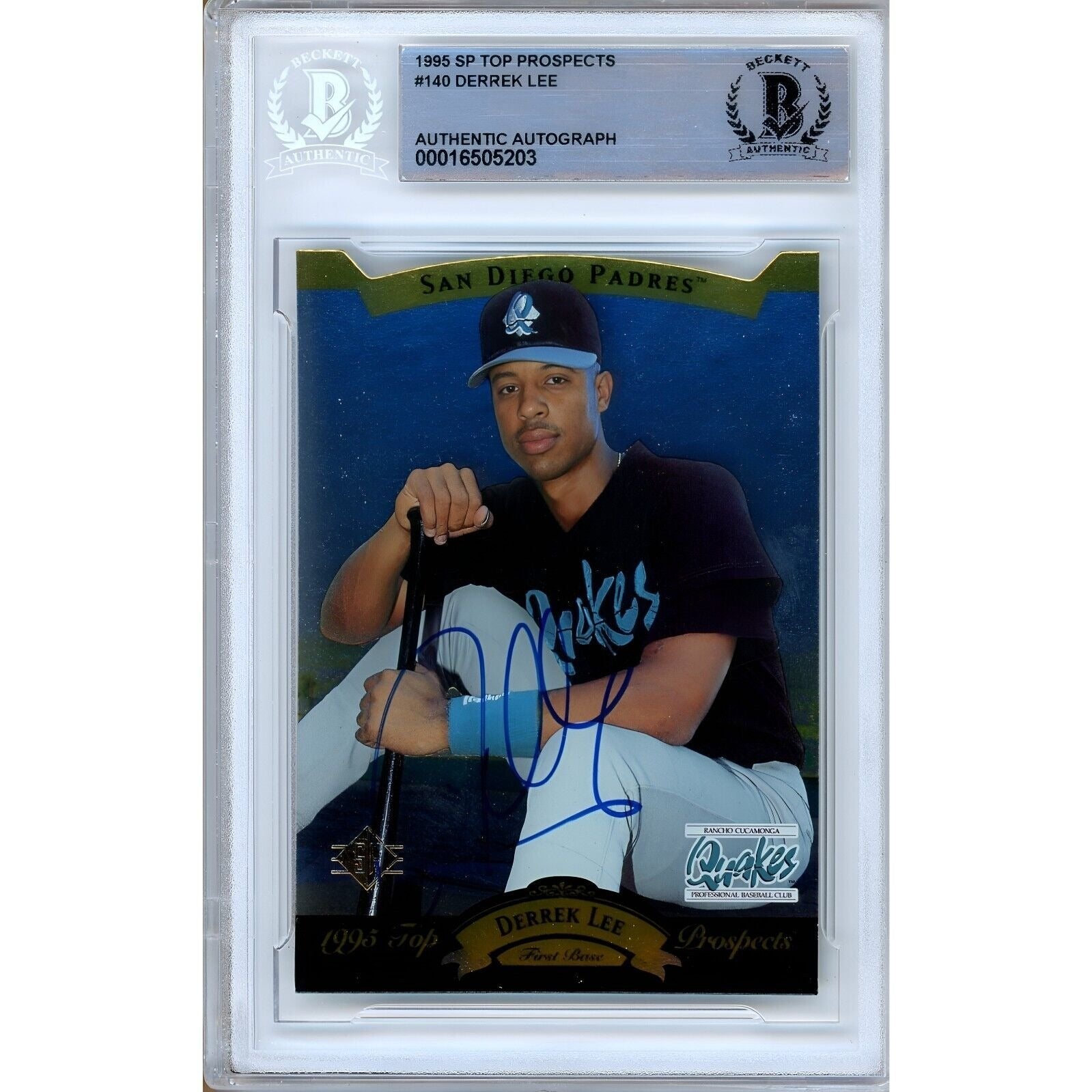 Baseballs- Autographed- Derrek Lee San Diego Padres Signed 1995 SP Top Prospects Rookie Baseball Card Beckett Authentic Auto Slab Front