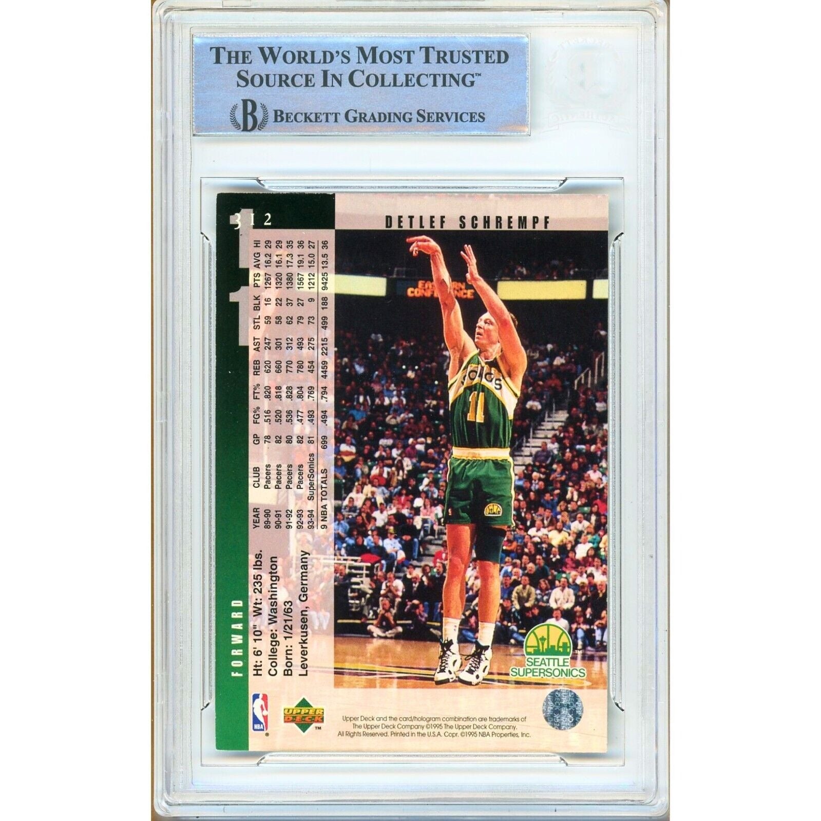 Basketballs- Autographed- Detlef Schrempf Seattle Supersonics Signed 1994-95 Upper Deck Basketball Card Beckett Authentic Auto Slab Back