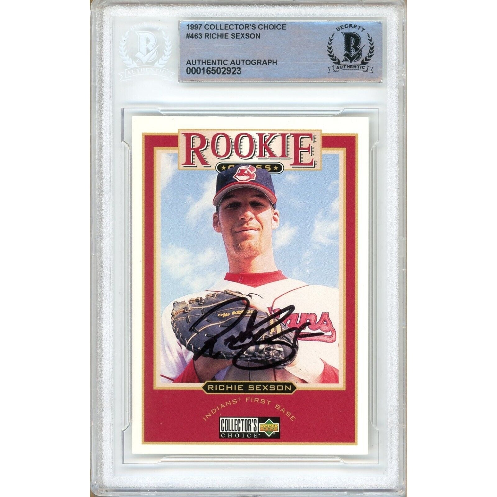 Baseballs- Autographed- Richie Sexson Cleveland Indians Signed 1997 Upper Deck Collectors Choice Rookie Trading Card Beckett Authentic Auto Slab Front