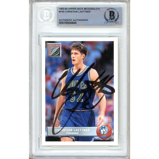 Basketballs- Autographed- Christian Laettner Minnesota Timberwolves Signed 1992-93 Upper Deck McDonalds Rookie Basketball Card Beckett Authentic Auto Slab Front