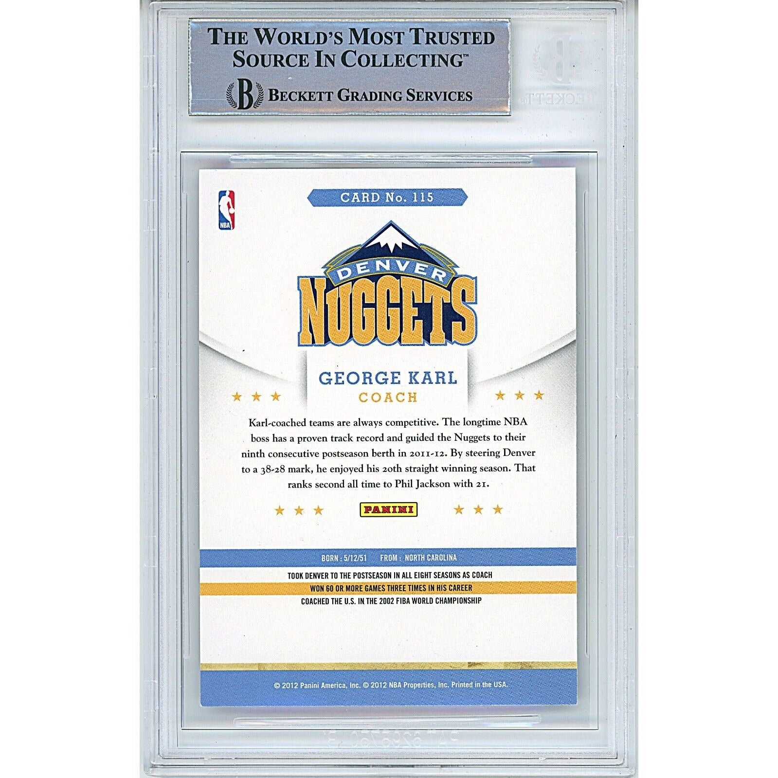 Basketballs- Autographed- George Karl Denver Nuggets Signed 2012-13 Hoops Basketball Card Beckett Authentic Auto Slab Back