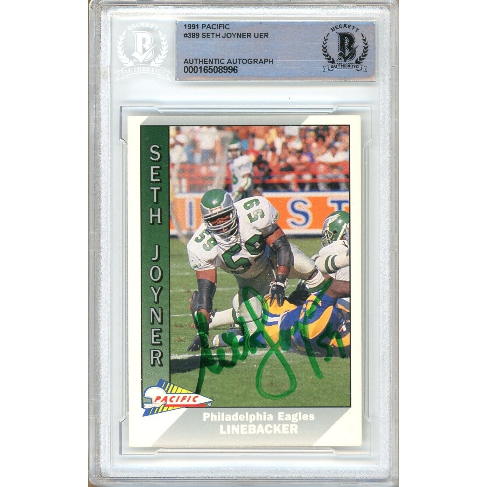 Seth Joyner Philadelphia Eagles autographed trading card – full view – Beckett COA