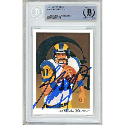 Footballs- Autographed- Jim Everett Los Angeles Rams Signed 1991 Upper Deck Football Card Beckett Authentic Auto Slab Front