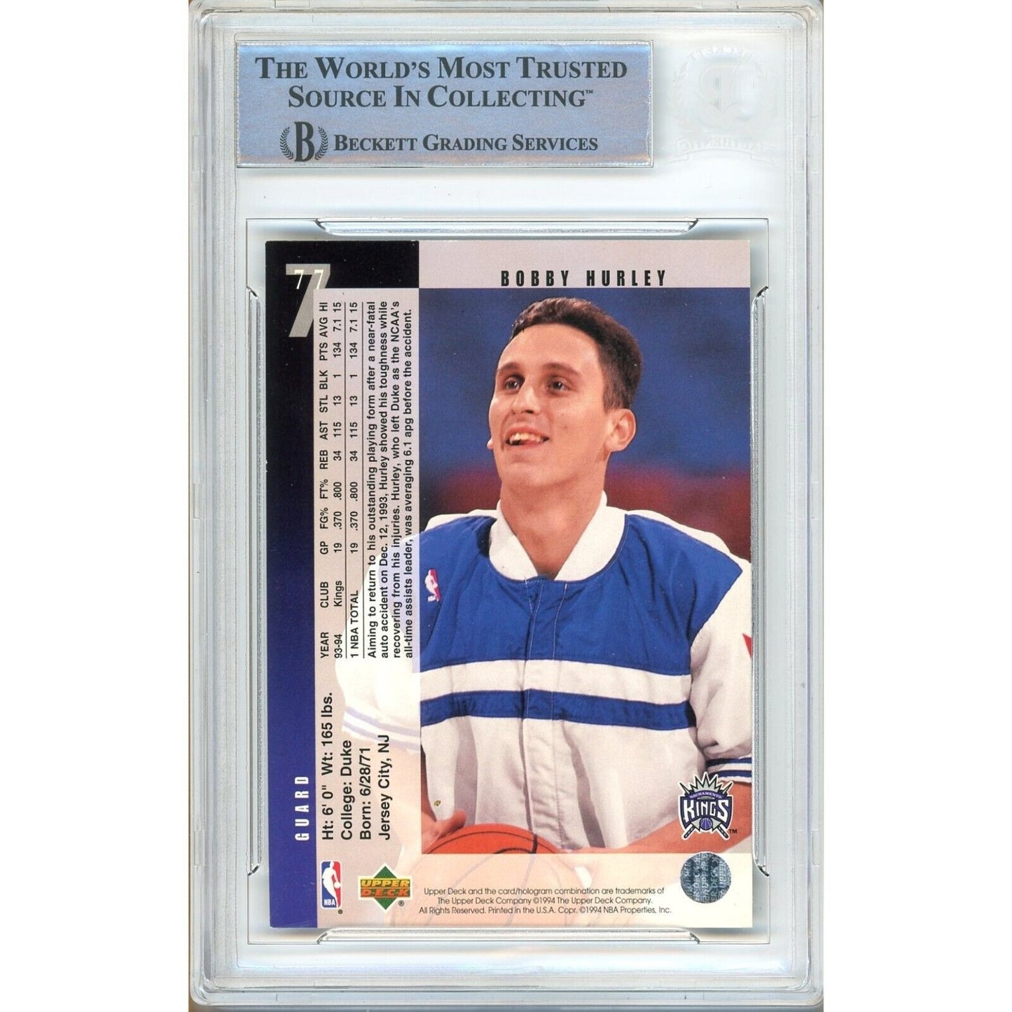 Basketballs- Autographed- Bobby Hurley Sacramento Kings Signed 1994-95 Upper Deck Basketball Card Beckett Authentic Auto Slab Back