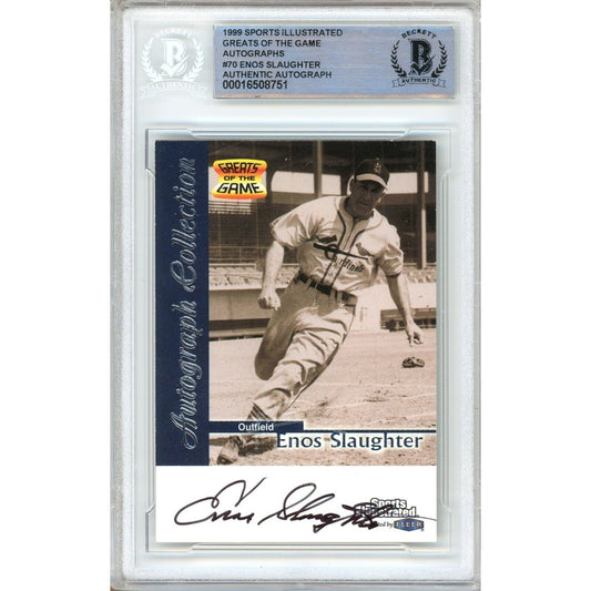 Baseballs- Autographed- Enos Slaughter St Louis Cardinals Signed 1999 Sports Illustrated Greats of the Game Autographs Baseball Card Beckett Authentic Auto Slab Front