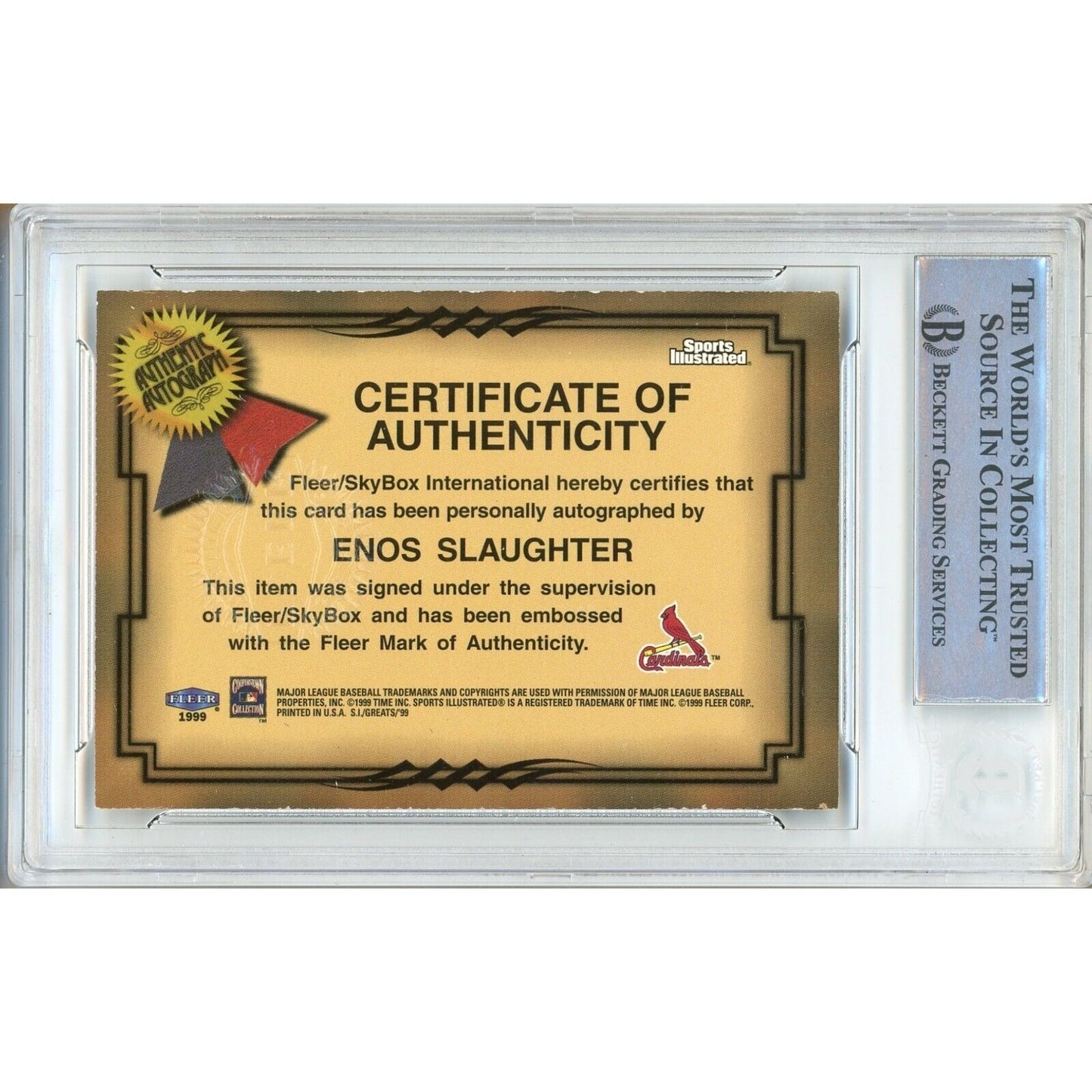 Baseballs- Autographed- Enos Slaughter St Louis Cardinals Signed 1999 Sports Illustrated Greats of the Game Autographs Baseball Card Beckett Authentic Auto Slab Back