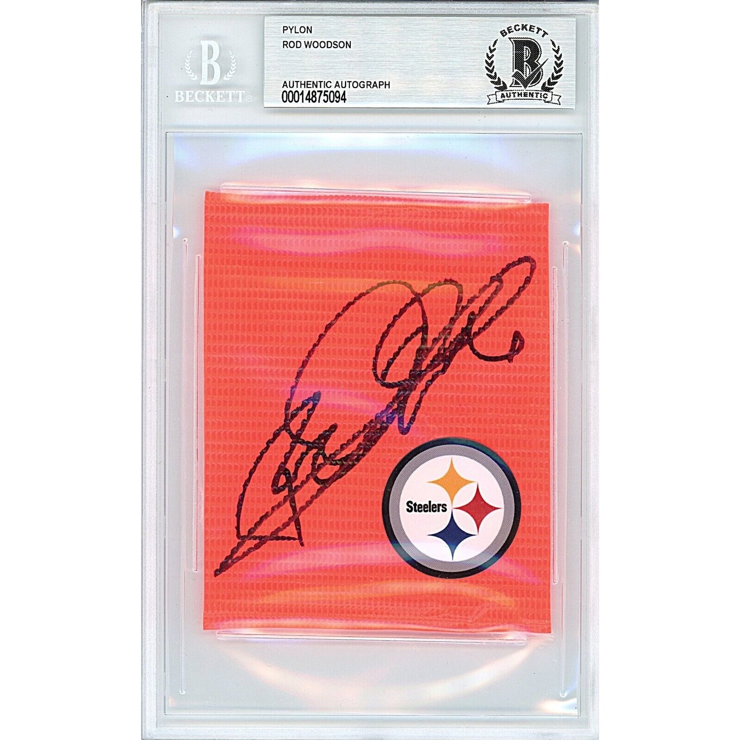 Footballs- Autographed- Rod Woodson Pittsburgh Steelers Signed Football End Zone Pylon Cut Beckett Authentic Auto Slab Front