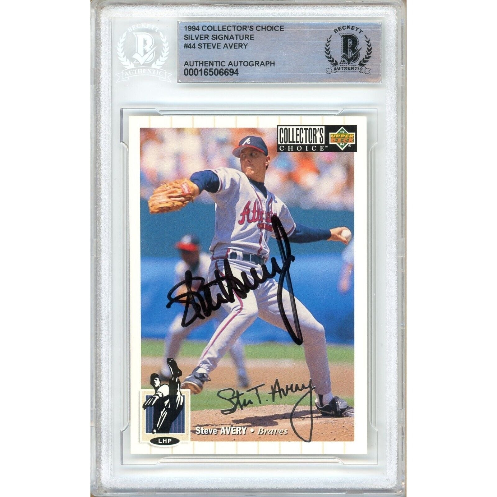 Baseballs- Autographed- Steve Avery Atlanta Braves Signed 1994 Upper Deck Collectors Choice Silver Signature Variant Trading Card Beckett Authentic Auto Slab Front