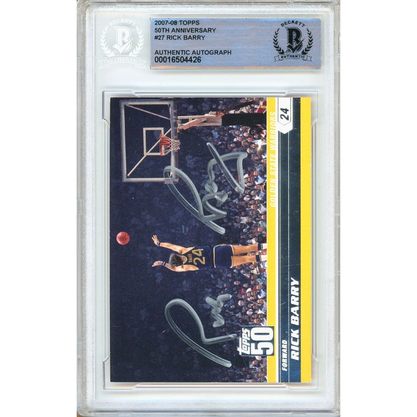 Basketballs- Autographed- Rick Barry Golden State Warriors Signed 2007-08 Topps 50th Anniversary Trading Card Beckett Authenticated Auto Slab Front