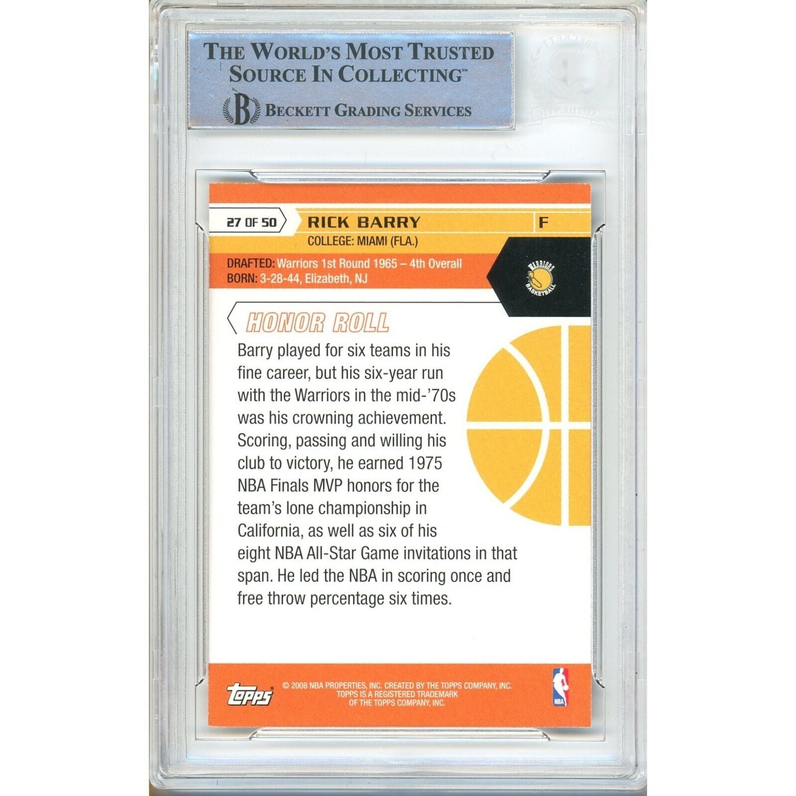 Basketballs- Autographed- Rick Barry Golden State Warriors Signed 2007-08 Topps 50th Anniversary Trading Card Beckett Authentic Auto Slab Back