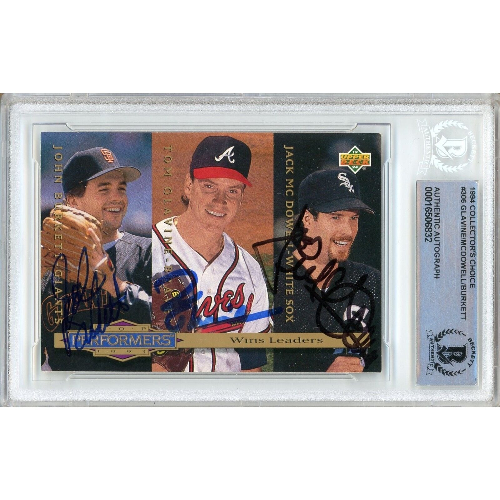 Baseballs- Autographed- Tom Glavine, Jack McDowell and John Burkett Triple Signed 1994 Collectors Choice Baseball Card Beckett Authentic Auto Slab Front