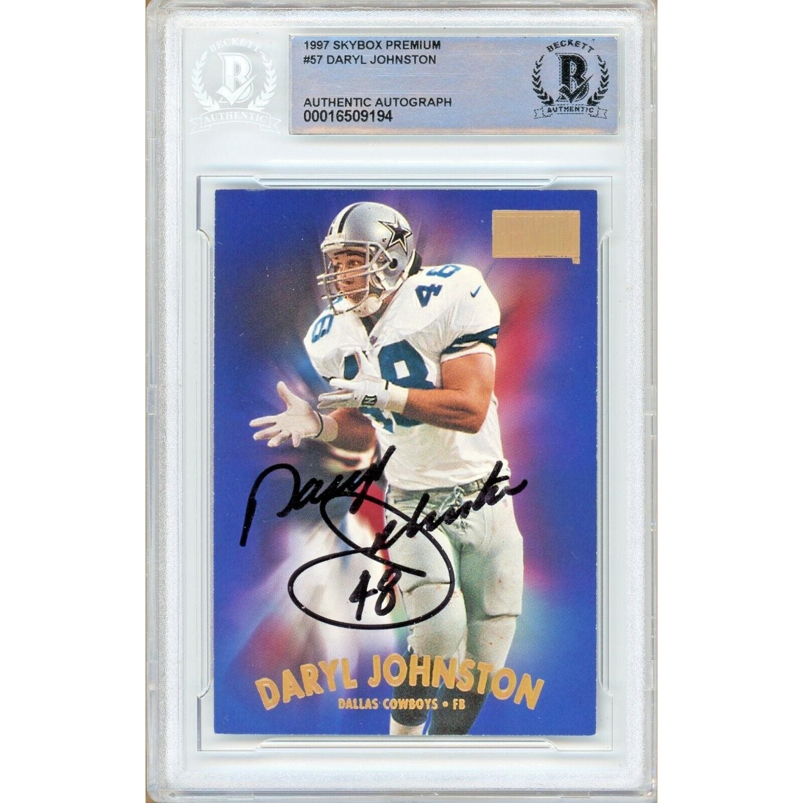 Footballs- Autographed- Daryl Moose Johnston Dallas Cowboys Signed 1997 Skybox Premium Football Card Beckett Authentic Auto Slab Front