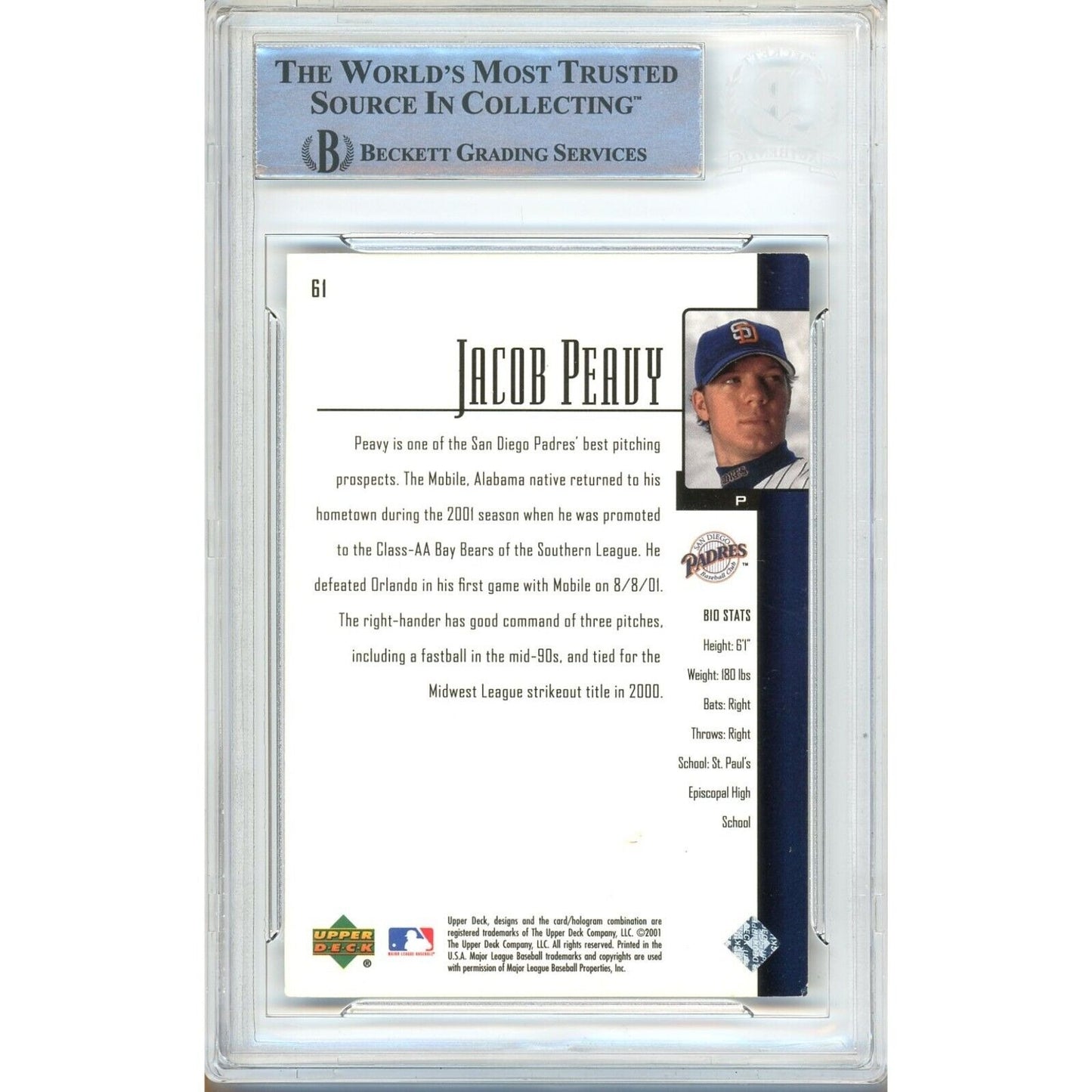 Baseballs- Autographed- Jake Peavy San Diego Padres Signed 2001 Upper Deck Prospect Premieres Rookie Baseball Card Beckett Authentic Auto Slab Back