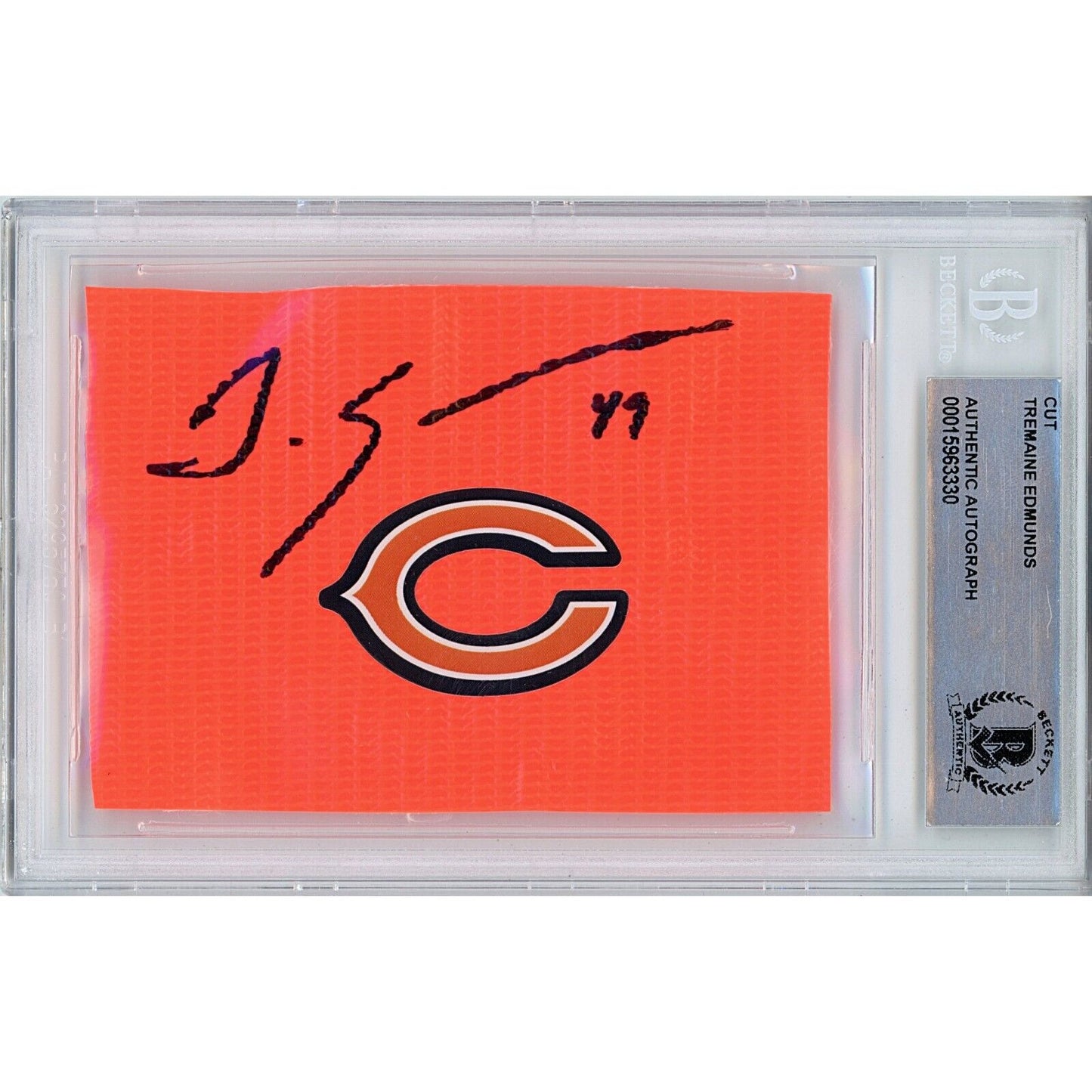 Footballs- Autographed- Tremaine Edmunds Signed Chicago Bears Football End Zone Pylon Signature Cut Beckett Authentic Auto Slab Front