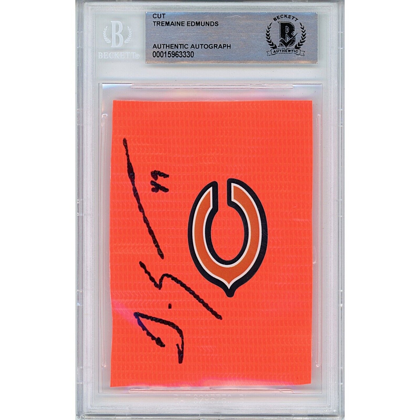 Footballs- Autographed- Tremaine Edmunds Signed Chicago Bears Football End Zone Pylon Signature Cut Beckett Authenticated Auto Slab Front