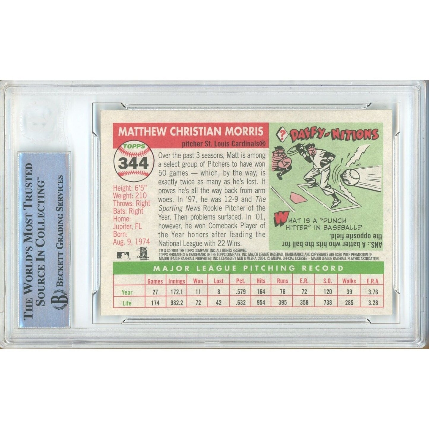 Baseballs- Autographed- Matt Morris St Louis Cardinals Signed 2004 Topps Heritage Baseball Card Beckett Authentic Auto Slab Back