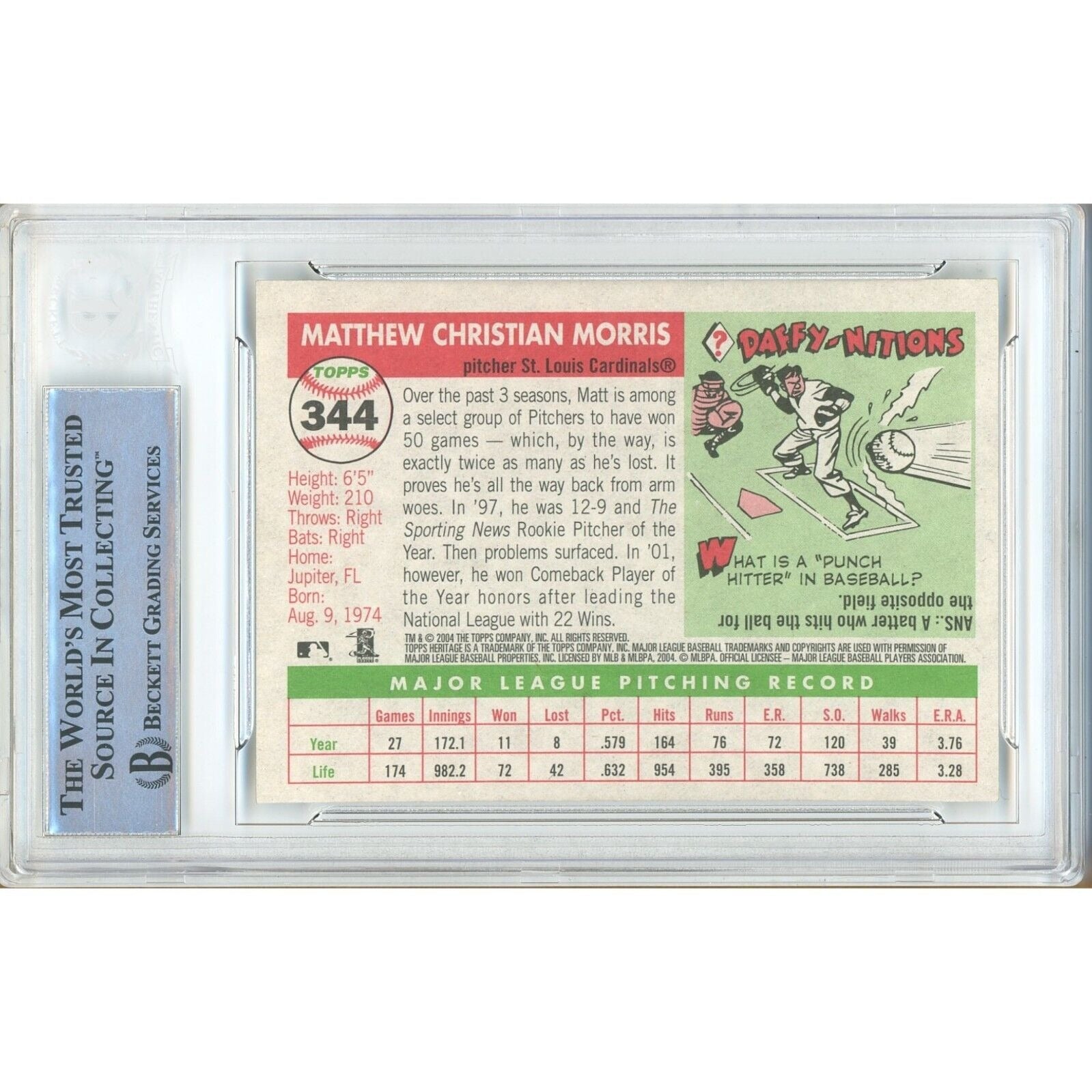 Matt Morris St Louis Cardinals auto trading card – authentication sticker – Beckett COA