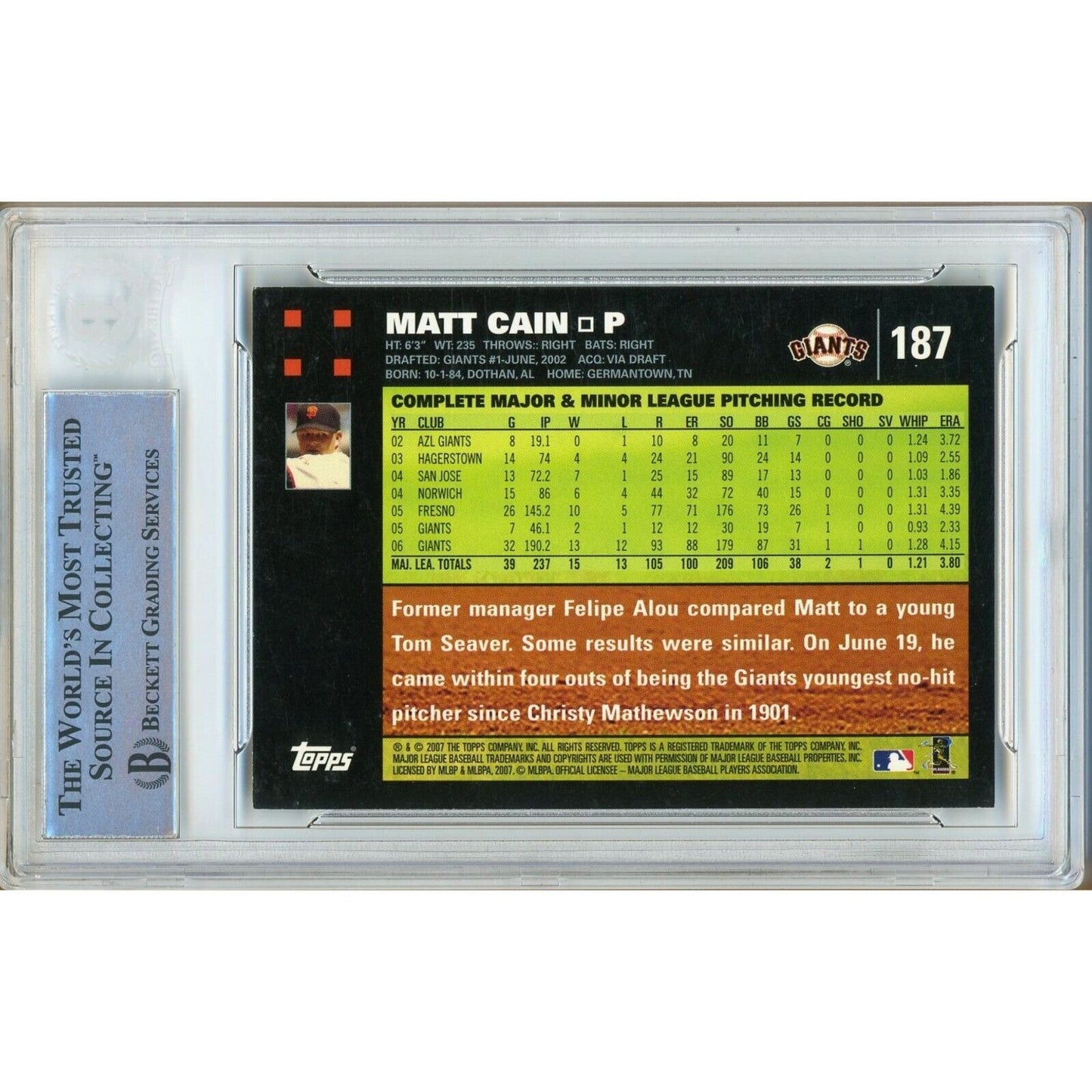 Baseballs- Autographed- Matt Cain San Francisco Giants Signed 2007 Topps Baseball Card Beckett Authentic Auto Slab Back