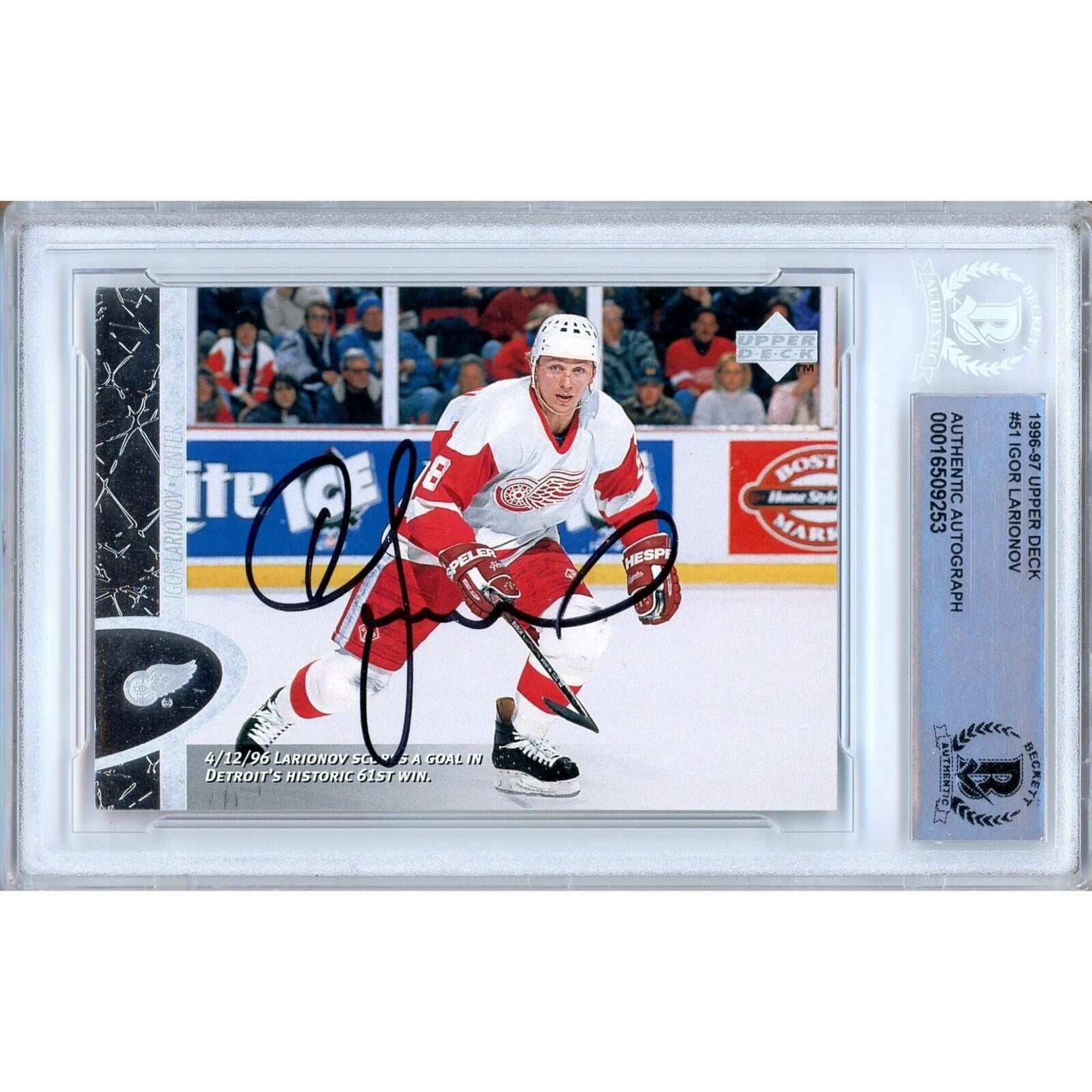 Hockey- Autographed- Igor Larionov Detroit Red Wings Signed 1996-97 Upper Deck Hockey Card Beckett Authentic Auto Slab Front