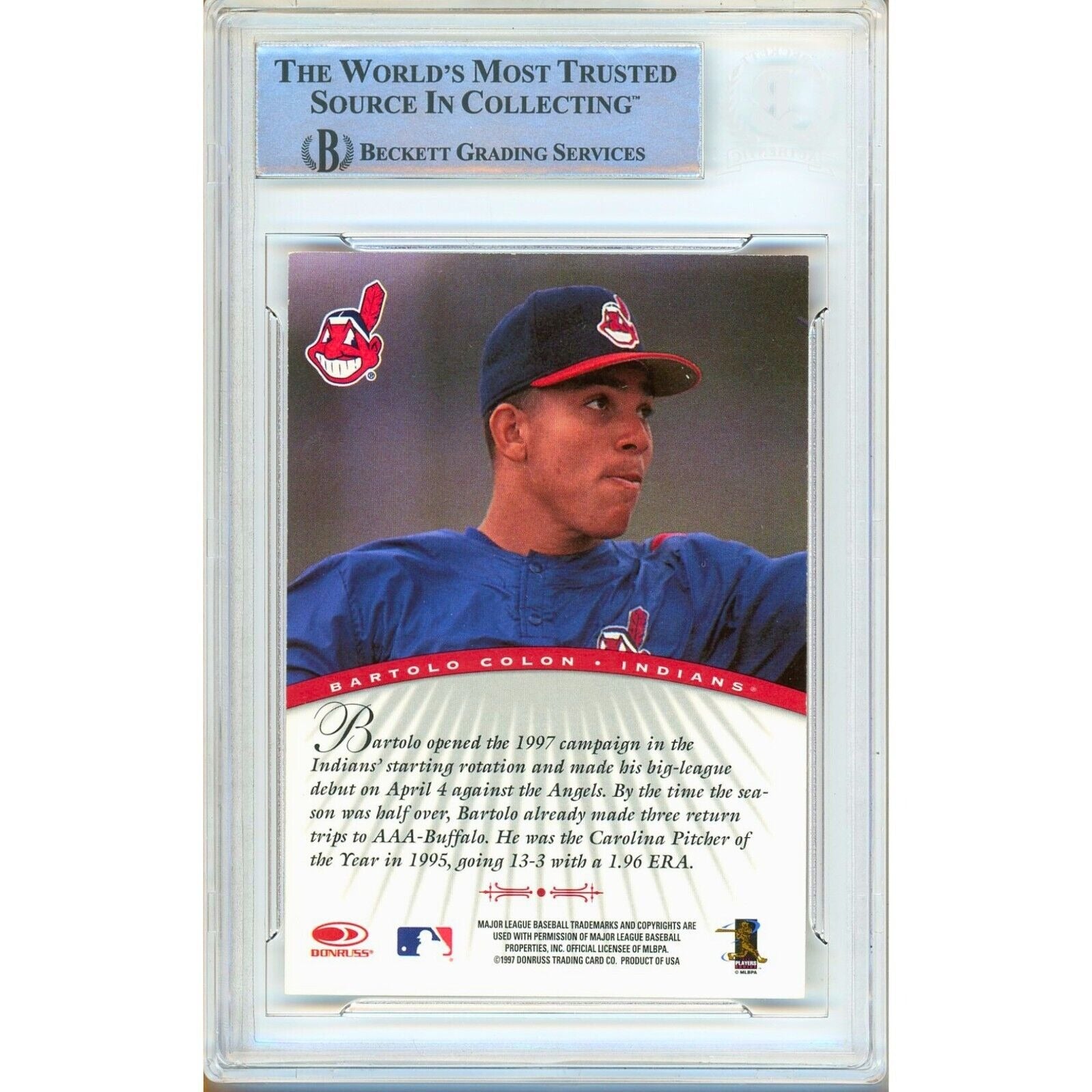 Baseballs- Autographed- Bartolo Colon Cleveland Indians Signed 1997 Donruss Signature Autographs Baseball Card Beckett Authentic Auto Slab Back