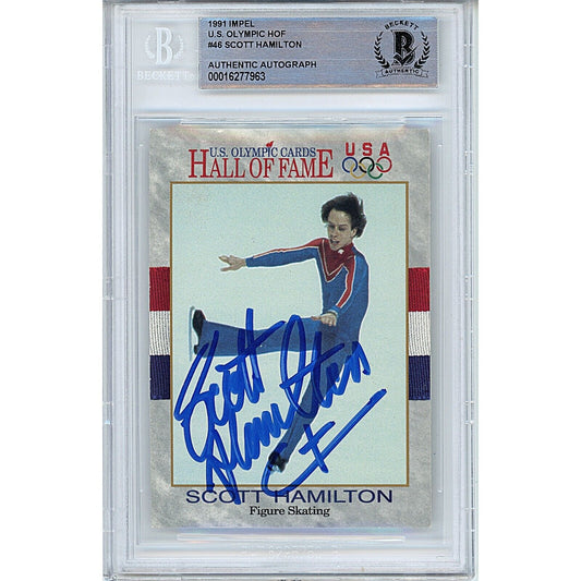 Olympics- Autographed- Scott Hamilton Team USA Signed 1991 Impel US Olympic HOF Trading Card Beckett Authentic Auto Slab Front