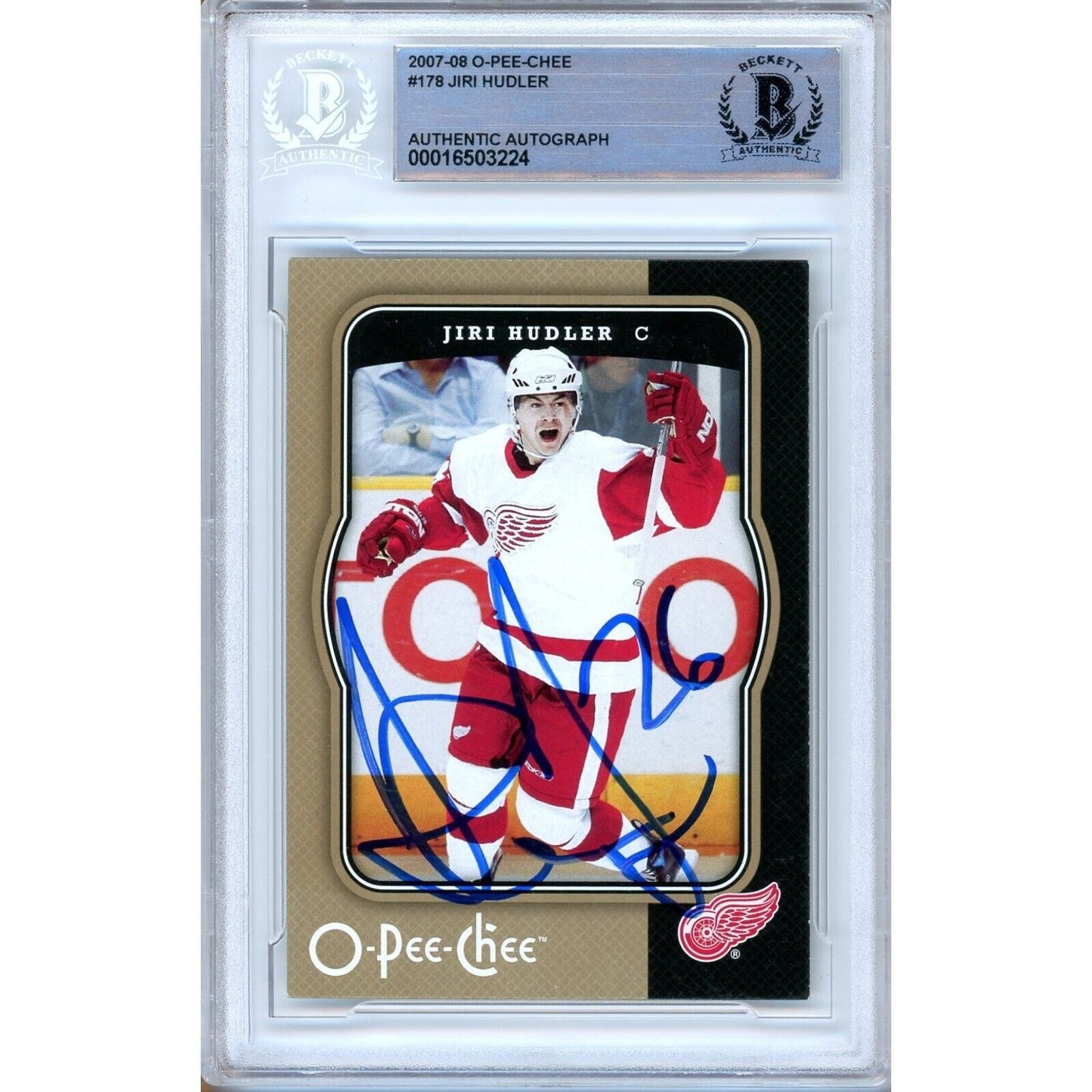 Hockey- Autographed- Jiri Hudler Detroit Red Wings Signed 2007-08 O-Pee-Chee Hockey Card Beckett Authentic Auto Slab Front