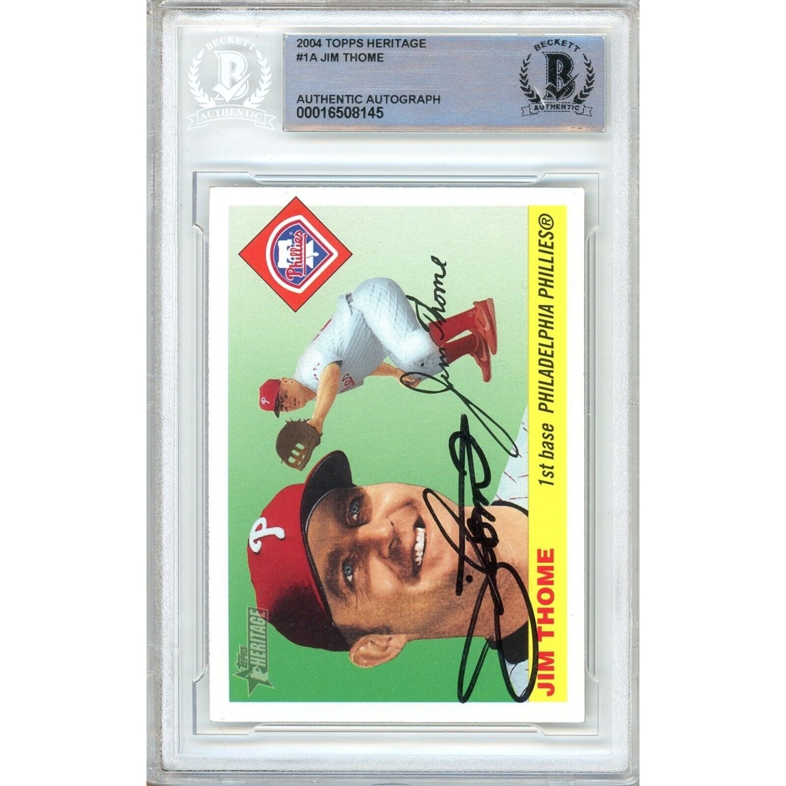 Baseballs- Autographed- Jim Thome Philadelphia Phillies Signed 2004 Topps Heritage Baseball Card Beckett Authenticated Auto Slab Front