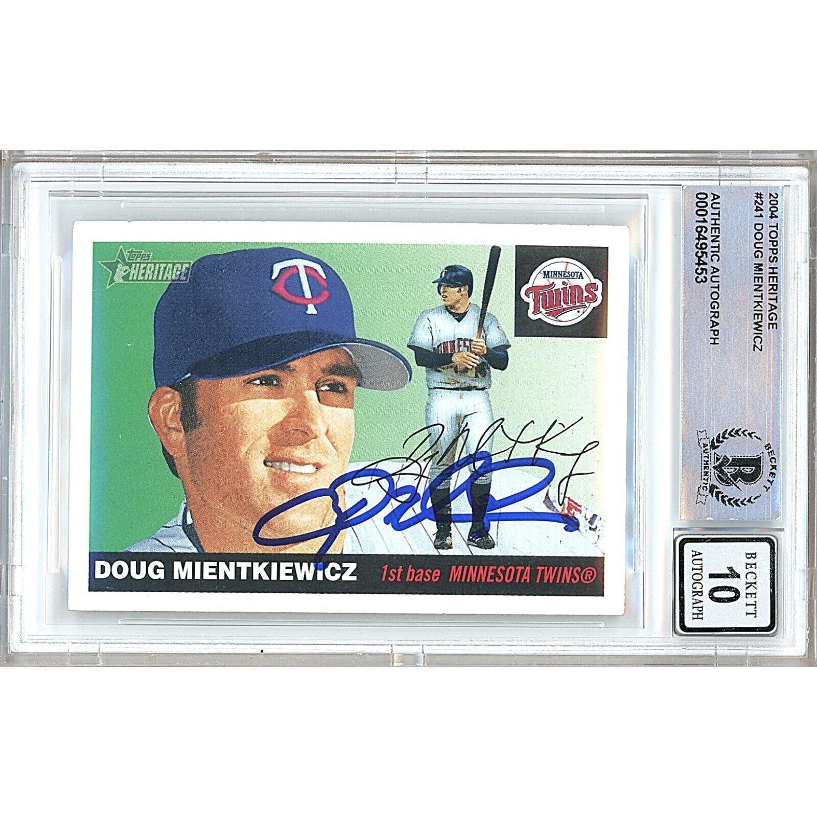 Baseballs- Autographed- Doug Mientkiewicz Minnesota Twins Signed 2004 Topps Heritage Baseball Card Beckett Authentic BGS Auto-10 Graded Slab Front