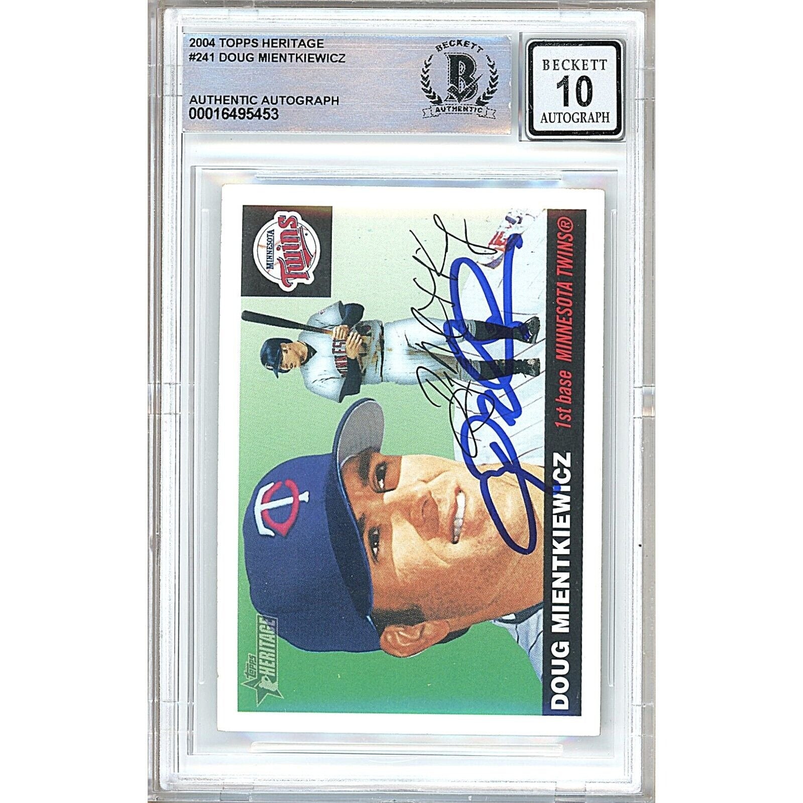 Baseballs- Autographed- Doug Mientkiewicz Minnesota Twins Signed 2004 Topps Heritage Baseball Card Beckett Authenticated BGS Auto-10 Graded Slab Front