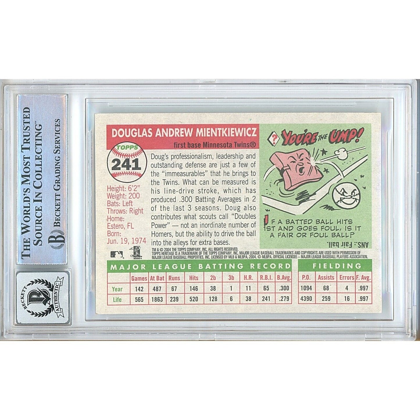 Baseballs- Autographed- Doug Mientkiewicz Minnesota Twins Signed 2004 Topps Heritage Baseball Card Beckett Authentic BGS Auto-10 Graded Slab Back