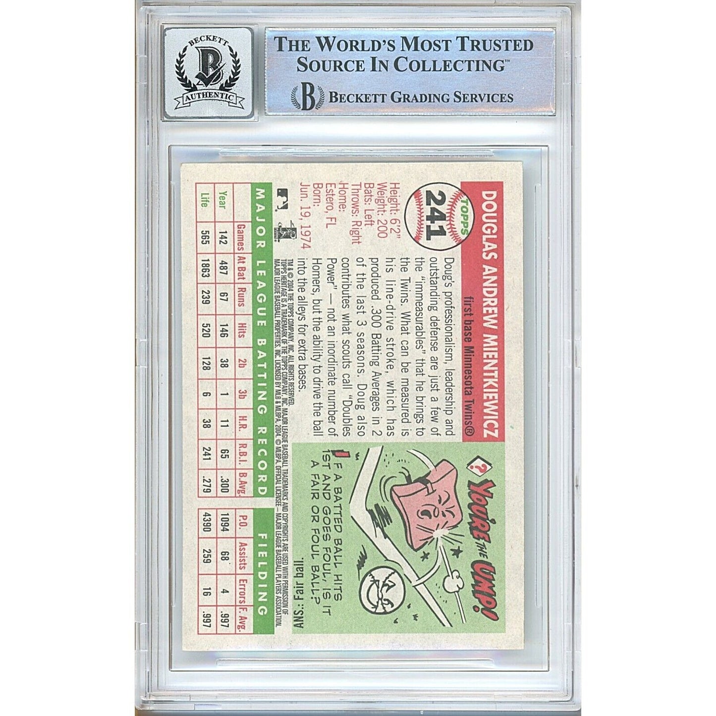 Baseballs- Autographed- Doug Mientkiewicz Minnesota Twins Signed 2004 Topps Heritage Baseball Card Beckett Authenticated BGS Auto-10 Graded Slab Back